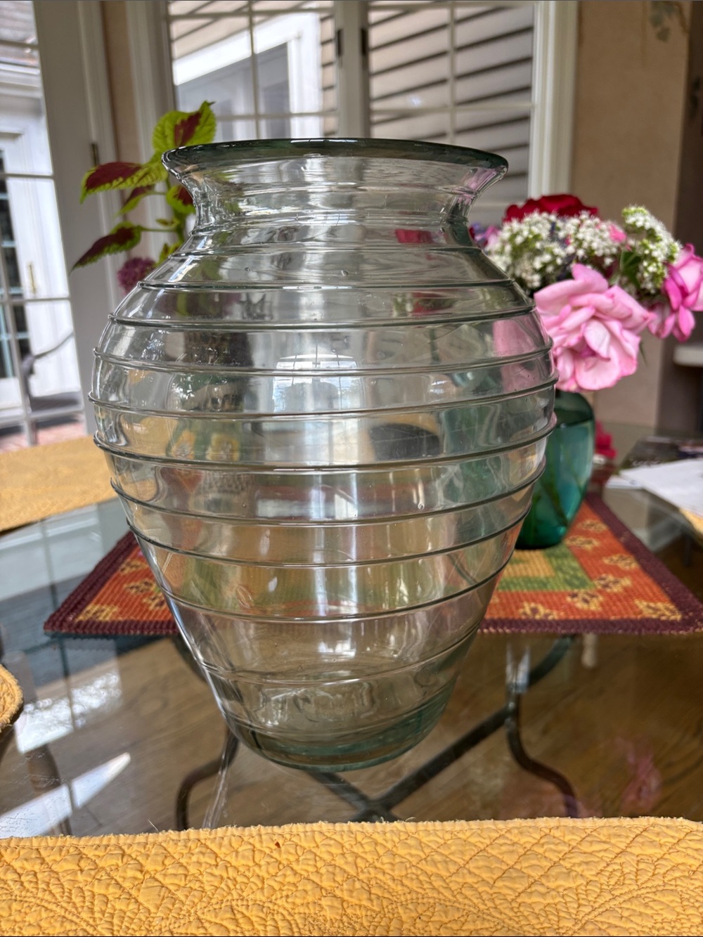Vintage Mexican large beehive horizontal ribbed hand blown glass 12” vase